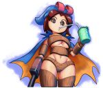  1girl arm_at_side arm_cannon armor ass_visible_through_thighs bandeau bangs bikini bikini_armor black_eyes blue_cape blue_headwear breasts brown_bikini brown_hair brown_legwear cape commentary cosplay cropped_legs cup drinking_straw drinking_straw_in_mouth english_commentary geno_(mario) geno_(mario)_(cosplay) groin groin_tendon hand_up hat highres holding holding_cup large_breasts looking_at_viewer mii_(nintendo) mii_gunner minus8 multicolored multicolored_cape multicolored_clothes navel parted_bangs short_hair simple_background solo sucking super_mario_rpg super_smash_bros. swimsuit thighhighs two-tone_cape underboob weapon white_background yellow_cape 