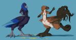  2021 3_fingers 3_toes 6_limbs after_transformation athalean avian avian_taur beak big_feet bird bird_taur black_beak black_body black_claws black_feathers black_fur black_talons blue_background blue_body blue_eyes blue_feathers blue_hair brown_body brown_feathers brown_fur chakat_blackpaw claws duo feathers feet female fingers fur grey_beak grey_claws grey_talons hair huge_feet looking_at_another looking_at_self open_mouth pink_tongue potion simple_background taur toes tongue zarakon 