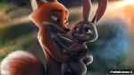  16:9 anthro canid canine digital_media_(artwork) disney duo embrace eye_contact female fox fur green_eyes grey_body happy hi_res hug judy_hopps lagomorph leporid looking_at_another male male/female mammal nick_wilde nude purple_eyes rabbit red_body red_fur romantic simple_background smile twilightchroma widescreen zootopia 