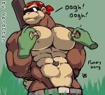  abs anthro ape arms_tied belt biceps bound brown_body clothed clothing donkey_kong_(series) english_text funky_kong haplorhine male mammal muscular muscular_anthro muscular_male nintendo nipple_fetish nipple_play nipples pecs primate solo teeth text topless verb0ten video_games 