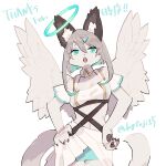  1:1 2021 4_fingers angel anthro blue_eyes canid canine canis clothing dogfuji15 domestic_dog english_text female fingers fur grey_hair hair halo hi_res japanese_text kemono long_hair looking_at_viewer mammal open_mouth simple_background solo text white_background white_body white_clothing white_fur wings 