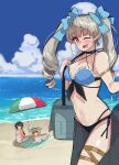 3girls ;d absurdres alternate_hair_ornament anchovy_(girls_und_panzer) antyobi0720 armlet back bag bangs beach beach_umbrella bikini bikini_shorts black_bikini black_choker black_hair black_sarong blonde_hair blue_bikini blue_bow blue_sky blush bottle bow braid breasts brown_eyes carpaccio_(girls_und_panzer) carrying choker cleavage closed_mouth cloud cloudy_sky commentary criss-cross_halter day drill_hair earrings eyebrows_visible_through_hair front-tie_bikini front-tie_top girls_und_panzer green_bikini green_eyes green_hair grin hair_bow halterneck hat highleg highleg_bikini highres holding holding_bottle horizon jewelry long_hair looking_at_viewer looking_back lying medium_breasts mismatched_bikini multiple_girls navel ocean on_stomach one-piece_swimsuit one_eye_closed open_mouth outdoors pepperoni_(girls_und_panzer) red_eyes sarong satchel see-through short_hair shorts side_braid sitting sky smile soda_bottle standing string_bikini sun_hat swimsuit thigh_strap twin_drills twintails umbrella white_headwear white_swimsuit yellow_bikini 