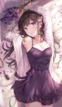  1girl absurdres arms_up bed bed_sheet black_hair blush breasts cardigan cleavage collarbone dress flower highres holding holding_flower lavender_(flower) lavender_dress lipstick long_hair long_sleeves looking_at_viewer lying makeup original parted_lips petals purple_eyes solo tokkyu 