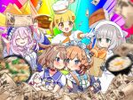  .live 5girls animal_ears basket blue_eyes blurry_foreground bread brown_hair closed_eyes crossed_arms crown eli_conifer food gloves hair_between_eyes hair_ornament hanayori_jyoshiryou highres kano_(singer) long_hair looking_at_another merry_milk money multiple_girls nijisanji sephira_su silver_hair virtual_youtuber 