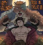  2boys abs artist_self-insert bara bare_pecs brown_pants bulge cat character_request claw_pose cosplay demon_boy demon_horns demon_tail facial_hair frankenstein&#039;s_monster frankenstein&#039;s_monster_(cosplay) furry goatee halloween halloween_costume horns male_focus multiple_boys muscular muscular_male navel nipples one_eye_closed pants pectorals psycho-pass shirtless short_hair sideburns stomach sugo6969 sweatdrop tail undressing wolf_boy 