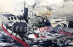  1girl :o absurdres american_flag_legwear anno88888 bangs belt blonde_hair blue_eyes blush breasts cleavage cup disposable_cup eyebrows_visible_through_hair fur-trimmed_jacket fur_trim gloves headgear highres holding holding_cup huge_filesize iowa_(kantai_collection) jacket kantai_collection long_hair long_sleeves open_mouth outdoors rigging rudder_footwear skirt smoke solo squatting star-shaped_pupils star_(symbol) steam symbol-shaped_pupils thighhighs water yellow_pupils 