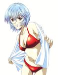  ayanami_rei bikini blue_hair highres kawarajima_kou navel neon_genesis_evangelion open_clothes open_shirt parted_lips red_bikini red_eyes shirt short_hair simple_background smile solo swimsuit undressing 