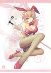  animal_ears artist_request blue_eyes breasts bunny_ears bunnysuit cleavage excellen_browning fishnet_pantyhose fishnets high_heels highres jpeg_artifacts large_breasts microphone microphone_stand one_eye_closed orange_hair pantyhose shoes solo super_robot_wars zoom_layer 