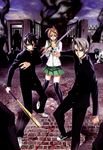  2boys baseball_bat blood cloud highres highschool_of_the_dead igou_hisashi komuro_takashi legs miyamoto_rei multiple_boys non-web_source official_art open_mouth raised_eyebrows satou_shouji school_uniform smoke thighhighs weapon zettai_ryouiki zombie 