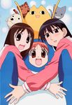  absurdres animal_costume artist_request azumanga_daiou black_hair blush brown_eyes brown_hair cat chiyo_chichi costume dog highres hug iriomote_cat kamineko kasuga_ayumu mayaa mihama_chiyo multiple_girls orange_hair penguin_costume sakaki school_uniform source_request tadakichi-san 