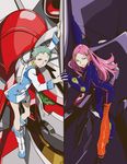  anemone_(eureka_seven) boots eureka eureka_seven eureka_seven_(series) green_eyes highres kawamori_shouji long_hair long_sleeves mecha multiple_girls nirvash pilot pilot_suit red_eyes short_hair split_image theend thigh_strap vector_trace white_footwear yoshida_ken'ichi 