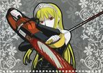  absurdres armpits bangs bare_shoulders black_dress blonde_hair blood bloody_weapon brand_name_imitation breasts bridal_gauntlets chainsaw covered_mouth crossed_arms dress emblem floral_background flower frilled_sleeves frills gem grey_background hand_up head_tilt highres hime_(kaibutsu_oujo) holding holding_sword holding_weapon husqvarna kaibutsu_oujo long_hair looking_at_viewer mitsunaga_yasunori official_art outline pale_skin rapier red_eyes reverse_grip ruby_(stone) scan serious sidelocks slit_pupils small_breasts solo standing straight_hair sword tiara upper_body very_long_hair weapon 
