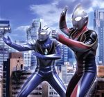  bodysuit building city contrapposto cowboy_shot day fighting_stance giant glowing glowing_eyes male_focus multiple_boys outdoors skin_tight skyscraper standing tokusatsu ultra_series ultraman_agul ultraman_gaia ultraman_gaia_(series) yusao 
