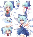  1girl air_bubble bangs bloomers blue_bow blue_dress blue_eyes blue_hair blush bow bubble chibi cirno commentary_request cowboy_shot cropped_torso disembodied_limb dress eyebrows_visible_through_hair eyes_closed eyes_visible_through_hair fish flower food food_in_mouth foreshortening from_side hair_between_eyes hair_bow highres ice ice_wings jellyfish looking_at_viewer mouth_hold multiple_views neck_ribbon outstretched_arm parted_lips petting pinafore_dress pink_flower plant popsicle profile pudding_(skymint_028) puffy_short_sleeves puffy_sleeves reaching_out red_neckwear red_ribbon red_scarf ribbon scarf shirt short_hair short_sleeves simple_background smile sunflower swimming tanned_cirno thighs touhou underwater underwear upper_body vines watermelon_bar white_background white_shirt wing_collar wings 