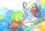  1girl bangs bare_legs blue_dress bracelet dress fish goldfish grey_eyes grey_hair hair_over_shoulder hand_up jewelry long_hair original pomodorosa ponytail sandals sitting solo striped striped_dress water 