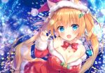  ameto_yuki aqua_eyes breasts catgirl christmas cleavage hat orange_hair original santa_costume santa_hat scan snow twintails 