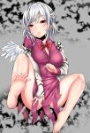  1girl albino angel_wings barefoot bow braid breasts brooch colorized commentary_request covering covering_crotch dress eyebrows_visible_through_hair eyelashes french_braid grey_background jacket jewelry kishin_sagume knees kuranosuke large_breasts lips long_sleeves looking_at_viewer lying m_legs open_clothes open_jacket purple_dress red_eyes short_dress silver_hair single_wing solo spread_legs thighs toenails touhou white_hair wings 