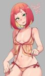  1girl :p agawa_ryou bare_shoulders blonde_hair breasts commentary eyebrows green_eyes grey_background looking_at_viewer multicolored_hair navel original red_hair see-through short_hair simple_background solo thighs tongue tongue_out 