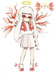 1girl ambiguous_gender artist_request blood bloody_tears commentary crossover domino_mask dress full_body fusion halo hime_cut inf1n1teart inkling kirby_(series) kirby_64 mask multiple_views no_mouth pointy_ears red_eyes reference_photo_inset signature simple_background splatoon_(series) tail tentacle_hair watermark white_background white_dress white_footwear white_hair winged_footwear wings zero_two_(kirby) 
