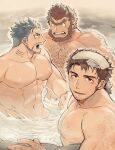 3boys abs arm_hair bara beard blue_hair blush brown_hair chest_hair completely_nude facial_hair fighting fins hozunomi_(user_jxa4157) jinn_(tokyo_houkago_summoners) looking_at_viewer male_focus mononobe_kyoma_(tokyo_houkago_summoners) multiple_boys muscular muscular_male navel nipples nude old old_man onsen partially_submerged pectorals short_hair steam stubble thick_eyebrows tied_hair tokyo_houkago_summoners towel towel_on_head triton_(tokyo_houkago_summoners) unibrow water 