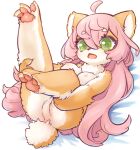  3_toes anthro breasts canid canine canis canopus335 domestic_dog feet female fluffy green_eyes hair hi_res hindpaw leg_grab legs_up lying mammal nipples on_back open_mouth pawpads paws pink_hair presenting raised_leg solo tail_tuft toes tuft 