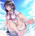  1girl bangs barefoot between_breasts black_hair blue_sky blush breasts closed_mouth cloud collarbone collared_shirt commentary_request day dripping eyebrows_visible_through_hair feet fingernails foot_focus foreshortening highres leg_up long_hair looking_at_viewer loose_necktie low_twintails medium_breasts necktie necktie_between_breasts ocean panties pantyshot parted_lips partially_submerged pleated_skirt purple_eyes purple_neckwear school_uniform shirt short_sleeves skirt sky soles solo tamura_yuri toenails toes tomato_cyuki twintails underwear watashi_ga_motenai_no_wa_dou_kangaetemo_omaera_ga_warui! water water_drop wet wet_clothes wet_shirt wet_skirt white_panties white_shirt yellow_skirt 