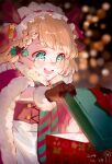  1girl :d blonde_hair blue_eyes blurry blush bokeh box braid christmas christmas_present dated depth_of_field eyebrows_visible_through_hair fur_trim g36_(girls_frontline) gift gift_box girls_frontline glasses gloves hair_ornament happy highres maid_headdress official_alternate_costume open_mouth opening single_braid smile solo striped striped_neckwear yiyiqiany younger 