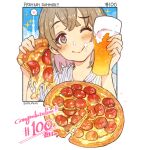  1other alcohol ambiguous_gender beer blush cup english_text eyebrows_visible_through_hair food food_focus glass heart highres holding holding_cup holding_food holding_pizza meat momiji_mao one_eye_closed original pepperoni pizza pizza_slice simple_background smile sparkle speech_bubble white_background 