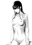  1girl bangs black_hair breasts collarbone dress_shirt expressionless greyscale groin highres kurofood long_hair long_sleeves looking_to_the_side medium_breasts monochrome navel nipples open_clothes open_shirt original shirt sidelocks simple_background sitting solo white_background 