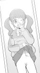  1girl bow bowtie cellphone covered_mouth cowboy_shot dutch_angle eyebrows_visible_through_hair female_pov female_pubic_hair full-length_mirror greyscale healin&#039;_good_precure highres hiramitsu_hinata holding holding_phone hood hoodie long_hair long_sleeves looking_at_mirror mirror monochrome no_panties phone pose pov precure pubic_hair reflection self_shot skirt skirt_lift sleeves_past_wrists smartphone solo twintails ukokkei 