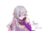  1girl arm_support contender_(girls_frontline) cuts dated elbow_gloves girls_frontline gloves grey_hair hair_between_eyes hand_on_own_chin head_rest highres injury looking_at_viewer multicolored_hair purple_eyes purple_hair short_hair signature solo streaked_hair torn_clothes white_background yiyiqiany 