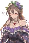  1girl bangs bare_shoulders belt blush breasts brown_belt brown_hair cleavage clenched_hand closed_mouth commentary_request dress eyebrows_visible_through_hair flower gem gloves granblue_fantasy grey_dress grey_gloves hair_between_eyes hair_flower hair_ornament jewelry kakage long_hair necklace off-shoulder_dress off_shoulder purple_flower purple_rose rose rosetta_(granblue_fantasy) ruby_(gemstone) sidelocks simple_background solo upper_body very_long_hair white_background 