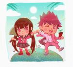  1boy 1girl :d animal_crossing artist_name axe bangs black_hair black_skirt blush_stickers border brown_footwear commentary danganronpa_(series) danganronpa_v3:_killing_harmony facial_hair goatee gyroid_(animal_crossing) happy harukawa_maki holding holding_axe jacket long_hair looking_at_viewer missarilicious mole mole_under_eye momota_kaito one_eye_closed open_mouth palm_tree pants parody pink_jacket pink_pants plant potted_plant red_legwear school_uniform shoes skirt smile style_parody sun thighhighs tongue tongue_out tree twintails white_border 
