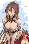  1girl bangs bare_shoulders bikini blue_background blue_eyes blush breasts brown_hair cleavage closed_mouth commentary_request gem granblue_fantasy hair_between_eyes halterneck highres kakage large_breasts long_hair looking_at_viewer midriff one_eye_closed petals rosetta_(granblue_fantasy) sidelocks simple_background smile solo swimsuit upper_body very_long_hair white_background 