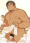  1boy bar_censor bara belly blush brown_hair censored completely_nude dark_skin dark_skinned_male facial_hair flaccid foreskin kuro_nezumi_inu male_focus male_pubic_hair muscular muscular_male nipples nude original partially_submerged pectorals penis plump pubic_hair sauna short_hair sideburns small_penis solo stubble thick_thighs thighs towel water 