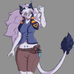  1:1 anthro clothed clothing crystal digital_media_(artwork) felid feline female floppy_ears fluffy fluffy_tail fluffylambbooty fur glowing glowing_markings humanoid long_ears mammal mane markings navel sayakat shi&#039;ro_(sayakat) simple_background smile solo tongue tongue_out white_body white_fur wide_hips 