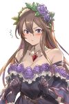  1girl bangs bare_shoulders belt blush breasts brown_belt brown_hair cleavage clenched_hand closed_mouth commentary_request dress eyebrows_visible_through_hair flower gem gloves granblue_fantasy grey_dress grey_gloves hair_between_eyes hair_flower hair_ornament jewelry kakage long_hair looking_at_viewer necklace off-shoulder_dress off_shoulder purple_eyes purple_flower purple_rose rose rosetta_(granblue_fantasy) ruby_(gemstone) sidelocks simple_background solo sulking upper_body very_long_hair white_background 