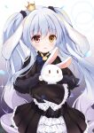  1girl absurdres animal animal_ears black_dress blue_bow blush bow bunny bunny_ears child crown dress eyebrows_visible_through_hair frills grey_hair hair_between_eyes heterochromia highres holding holding_animal holding_bunny kurashina_yuzuki long_hair looking_at_viewer open_mouth original red_eyes simple_background twintails yellow_eyes 