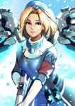  1girl azuumori blonde_hair blue_dress blue_eyes blue_headwear breasts combat_medic_ziegler cowboy_shot dress gloves gun hat holding holding_gun holding_weapon looking_at_viewer mechanical_wings medium_breasts mercy_(overwatch) overwatch parted_lips signature smile solo weapon white_gloves wings 