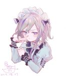  1girl artist_name blush bow contender_(girls_frontline) dated frilled_cuffs frills girls_frontline grey_hair hair_between_eyes hair_bow hand_on_own_face highres long_sleeves looking_at_viewer maid maid_headdress multicolored_hair official_alternate_costume puffy_sleeves purple_eyes purple_hair short_hair signature solo streaked_hair upper_body white_background yiyiqiany 