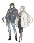  1boy 1girl alternate_costume arms_up belt belt_buckle black_dress black_footwear blonde_hair blue_coat bow breasts brown_belt brown_gloves brown_hair brown_hoodie brown_legwear buckle cleavage_cutout clothing_cutout coat commentary denim dress earrings fur_coat genshin_impact gloves grey_sweater hair_bow hands_in_pockets highres holding holding_pipe hood hoodie jeans jennygin2 jewelry large_breasts layered_clothing long_hair long_ponytail looking_at_viewer multicolored_hair ningguang open_clothes open_coat pants pantyhose pipe ponytail red_eyes red_hair ribbed_sweater simple_background single_earring smoke sweater symbol_commentary tassel tassel_earrings torn_clothes torn_jeans torn_pants white_background yellow_eyes zhongli_(genshin_impact) 