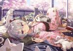  animal blush cat cropped cura gray_hair japanese_clothes kimono long_hair original petals red_eyes scan tree twintails 