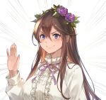  1girl bangs blush breasts brown_hair closed_mouth collar collared_shirt commentary_request eyebrows_visible_through_hair flower granblue_fantasy hair_between_eyes hair_flower hair_ornament hand_up kakage lips long_hair long_sleeves looking_at_viewer neck_ribbon pink_neckwear pink_ribbon purple_flower purple_rose ribbon rose rosetta_(granblue_fantasy) shirt sidelocks simple_background smile solo thighhighs upper_body very_long_hair white_background white_shirt 