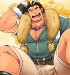  1boy bara bare_pecs beige_shorts black_hair blonde_hair blush chest_hair facial_hair feet_out_of_frame green_shirt greyscale hairy highres kontahsm male_focus monochrome multicolored_hair muscular muscular_male one_eye_closed open_mouth partially_unbuttoned pectorals shirt short_hair shorts sideburns solo spread_legs streaked_hair stubble thick_eyebrows tied_hair tokyo_houkago_summoners yamasachihiko_(tokyo_houkago_summoners) 