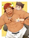  2boys american_football_uniform animal_ears bandaid bandaid_on_nose bara bare_pecs blush brown_eyes brown_hair bulge cat_ears commission cow_boy cow_ears facial_hair fiery_horns forked_eyebrows glowing_horns goatee grabbing groping hair_ears highres horns kontahsm male_focus master_1_(tokyo_houkago_summoners) multiple_boys muscular muscular_male nipples pectoral_grab pectorals plump shirtless short_hair shorts sideburns size_difference skeb_commission spiked_hair sportswear stomach stubble thick_eyebrows tokyo_houkago_summoners wakan_tanka white_shorts yaoi 