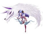  1girl absurdres blue_hair bow_(weapon) braid closed_mouth copy curled_horns eyebrows_visible_through_hair gloves highres holding holding_weapon horns kindred_(league_of_legends) lamb_(league_of_legends) league_of_legends legwear_under_shorts long_hair long_sleeves looking_at_viewer pantyhose purple_eyes shorts spirit_blossom_kindred twin_braids weapon white_background white_shorts wolf_(league_of_legends) 