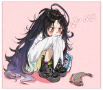  1girl absurdres ahoge bandaid bandaid_on_nose black_hair blush c-ms_(girls_frontline) fish girls_frontline highres knees_to_chest long_hair messy_hair official_alternate_costume pink_background polka_dot pout red_eyes shoes sleeves_past_wrists socks solo tearing_up very_long_hair yiyiqiany younger 