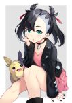  1girl asymmetrical_bangs bangs black_choker black_footwear black_hair black_jacket black_nails blush bon_(bonbon315) choker collarbone commentary_request dress earrings gen_8_pokemon green_eyes hair_ribbon hand_up highres jacket jewelry long_sleeves looking_at_viewer marnie_(pokemon) morpeko morpeko_(full) nail_polish open_clothes open_jacket open_mouth pink_dress pokemon pokemon_(creature) pokemon_(game) pokemon_swsh red_ribbon ribbon 