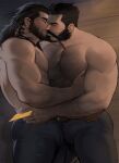  2boys abs ass bara beard black_hair blush body_hair bulge character_request chest_hair closed_eyes couple denim eye_contact facial_hair highres jang_ju_hyeon jeans kiss league_of_legends long_hair looking_at_another malcolm_graves male_focus multiple_boys muscular muscular_male mustache nipples pants pectorals shirtless short_hair thick_thighs thighs tight tight_pants yaoi 