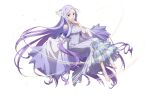  1girl artist_request bare_arms bare_shoulders barefoot_sandals breasts dress feet full_body hair_ornament highres long_dress long_hair looking_at_viewer medium_breasts puffy_sleeves purple_dress purple_eyes purple_hair quinella smile sword_art_online sword_art_online:_alicization very_long_hair white_background 